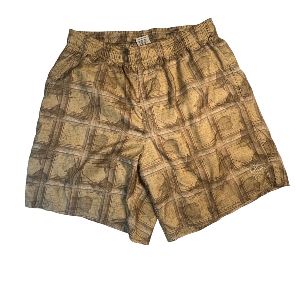Guy Harvey Men's Medium Swim Trunks Swordfish Tan Print Mesh Lined Board Shorts‎